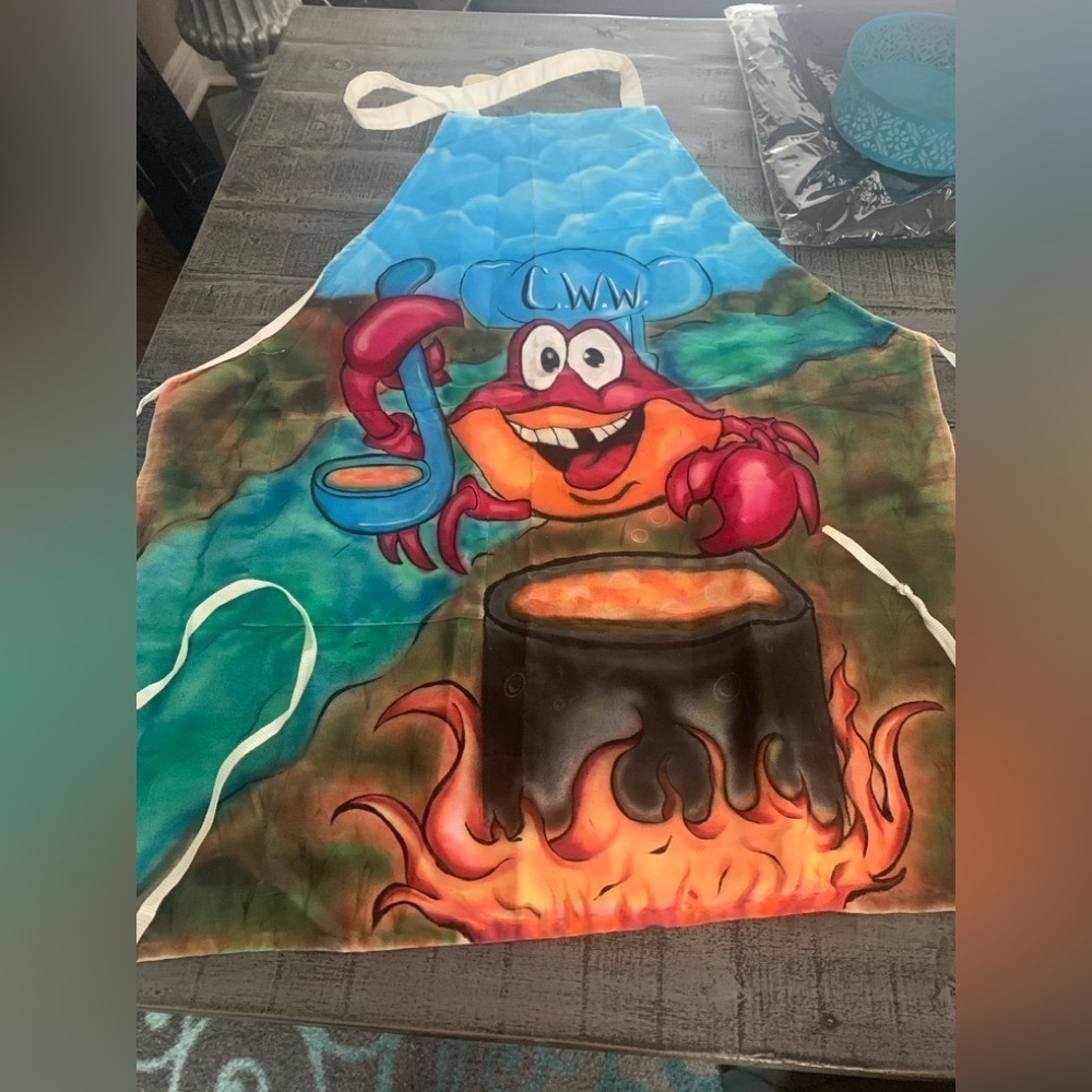Airbrushed Apron, vibrant red, blue, colors, Preloved in good condition